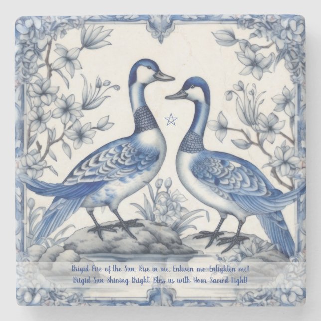 Create Your Own Blue Chinoiserie Floral Geese Stone Coaster (Front)