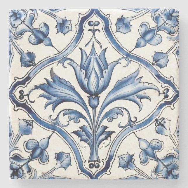 Create Your Own Blue Chinoiserie Flowers Stone Coaster (Front)