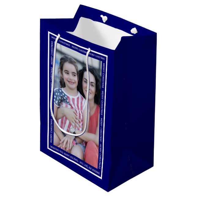 Create your own blue Christmas holiday photo Medium Gift Bag (Front Angled)