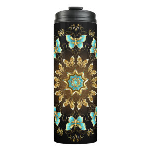 Create Your Own Blue & Gold Butterflies Mandala Thermal Tumbler