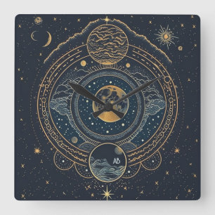 Create Your Own Blue & Gold Celestial Lunar Square Wall Clock
