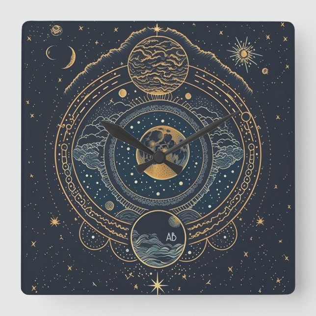 Create Your Own Blue & Gold Celestial Lunar Square Wall Clock (Front)