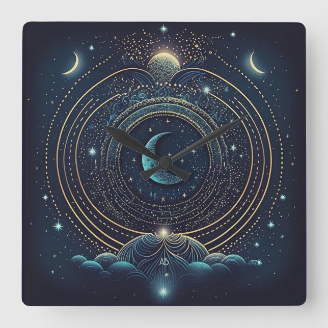 Create Your Own Blue & Gold Celestial Lunar Square Wall Clock (Front)