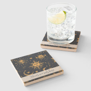 Create Your Own Blue Gold Celestial Moon & Stars Stone Coaster