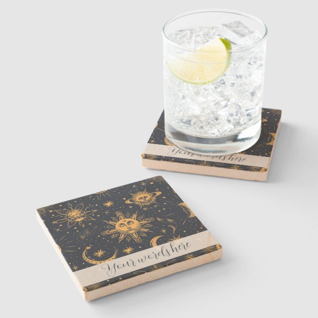 Create Your Own Blue Gold Celestial Moon & Stars Stone Coaster (Side)
