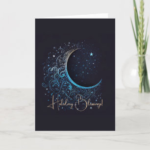 Create Your Own Blue & Gold Filigree Moon Holiday Card