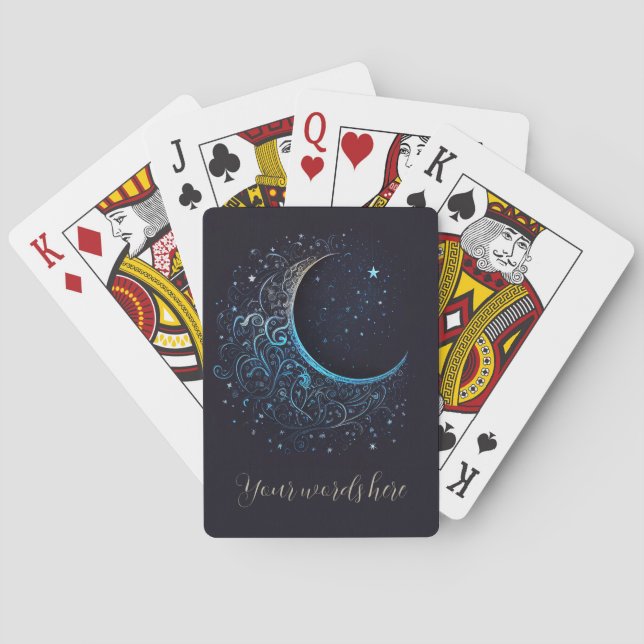 Create Your Own Blue & Gold Filigree Moon Playing Cards (Back)
