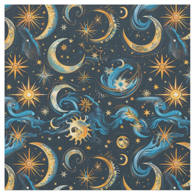 Create Your Own Blue & Gold Sun Moon & Stars Fabric (Close Up)