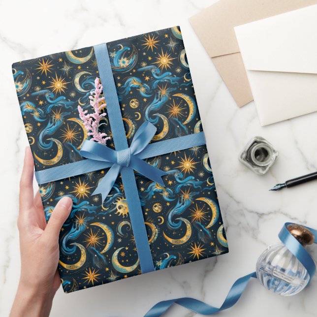 Create Your Own Blue & Gold Sun Moon & Stars Wrapping Paper (Gifting)