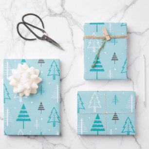 Create Your Own Blue Pastel Xmas Tree Pattern Wrapping Paper Sheet