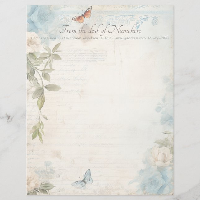 Create Your Own Blue Shabby Chic Buttefly Roses Custom Letterhead (Front)