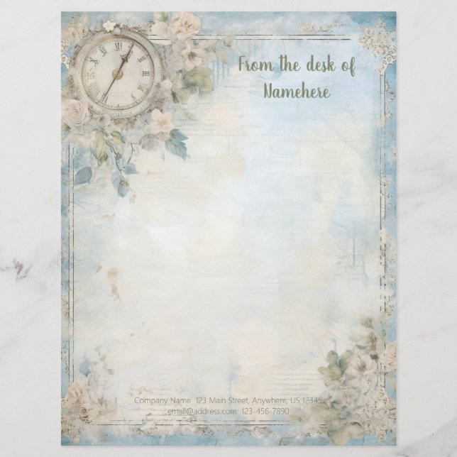 Create Your Own Blue Shabby Chic Floral Clock Custom Letterhead (Front)