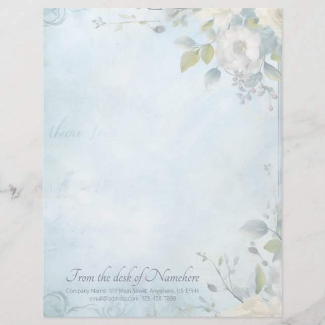 Create Your Own Blue Shabby Chic White Blossoms Custom Letterhead (Front)