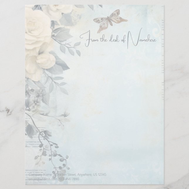 Create Your Own Blue Shabby Chic White Roses Custom Letterhead (Front)