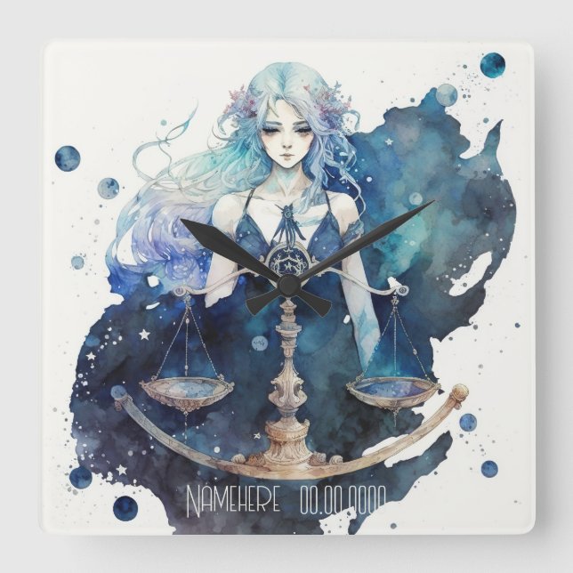 Create Your Own Blue & Teal Libra Zodiac Square Wall Clock (Front)
