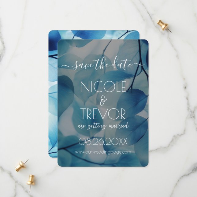 Create Your Own - Blue X-Ray Leaves Save The Date (Front/Back In Situ)