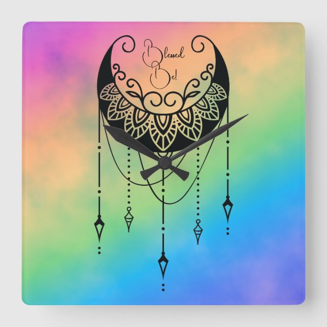 Create Your Own Boho Floral Moon Silhouette Square Wall Clock (Front)