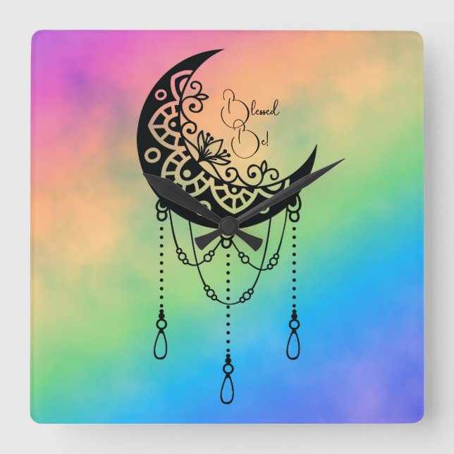 Create Your Own Boho Leafy Moon Silhouette Square Wall Clock (Front)