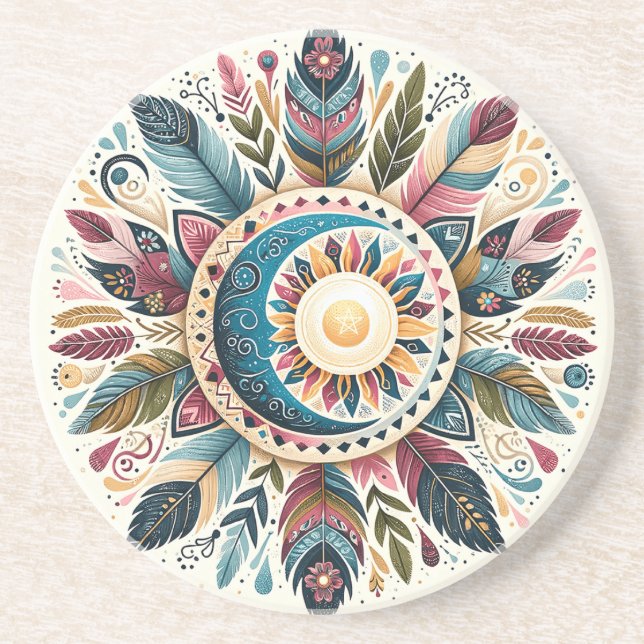Create Your Own Boho Sun Moon Celestial Mandala Coaster (Front)
