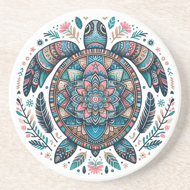 Create Your Own Boho Totemic Sea Turtle Mandala Coaster (Front)