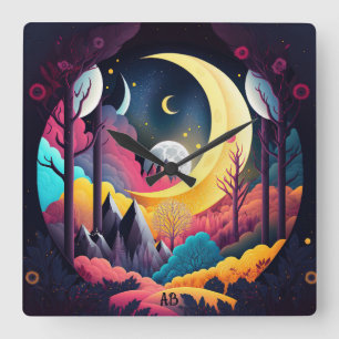 Create Your Own Bright Crescent Moon Forest Square Wall Clock