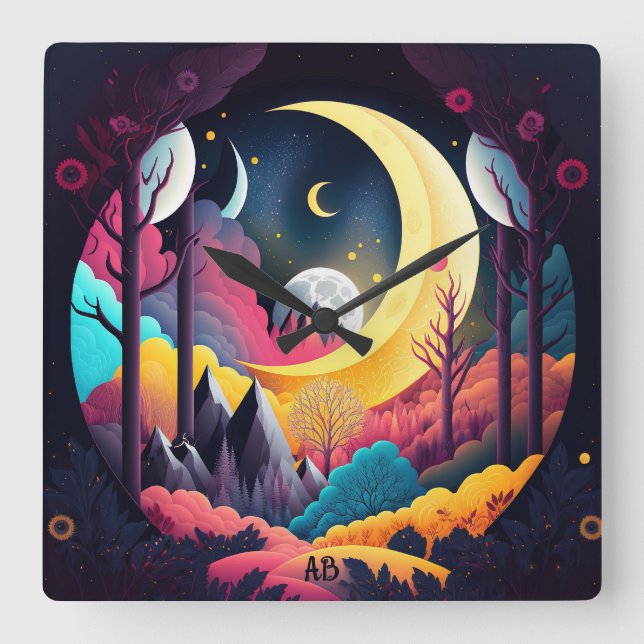 Create Your Own Bright Crescent Moon Forest Square Wall Clock (Front)