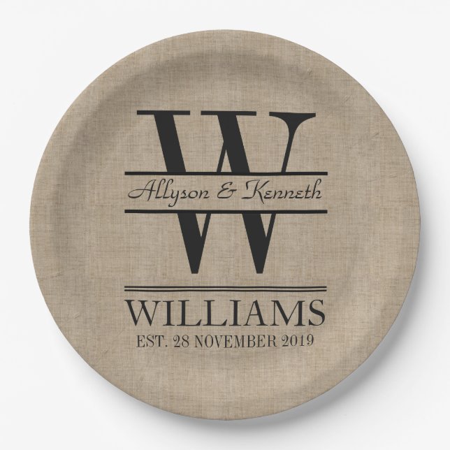 Create Your Own Burlap Logo Anniversary Monogram Paper Plate (Front)