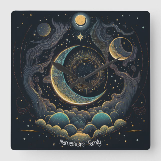 Create Your Own Celestial Moon & Clouds Square Wall Clock (Front)