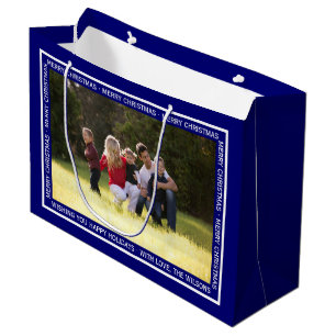 Create your own Christmas blue photo gift bag! Large Gift Bag