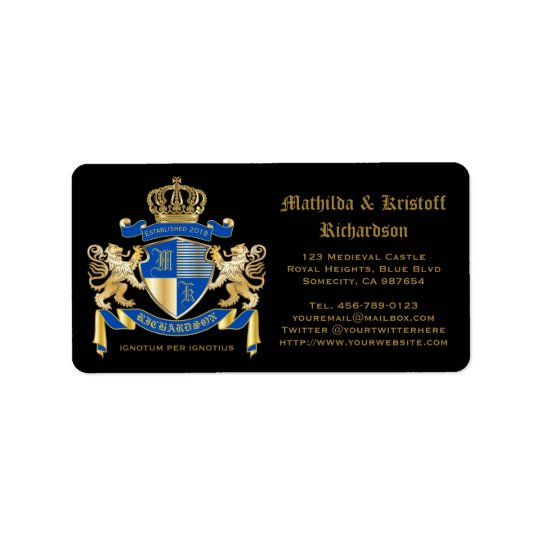 Create Your Own Coat of Arms Blue Gold Lion Emblem Address Label
