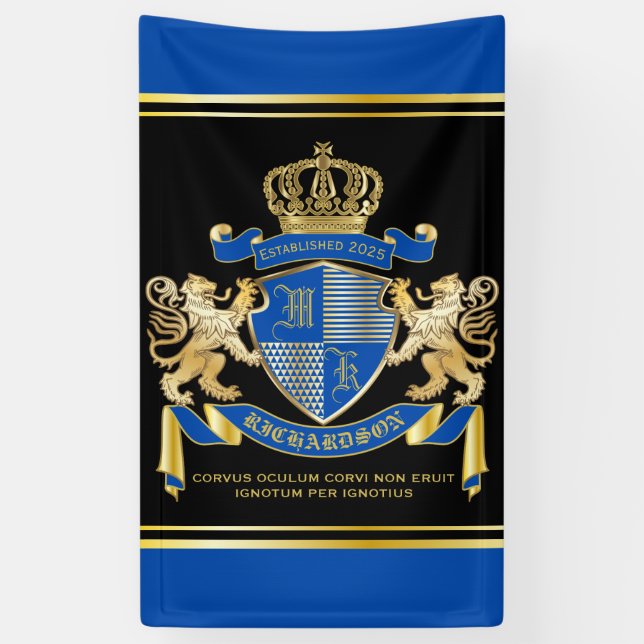 Create Your Own Coat of Arms Blue Gold Lion Emblem Banner (Vertical)
