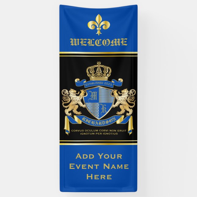 Create Your Own Coat of Arms Blue Gold Lion Emblem Banner (Vertical)
