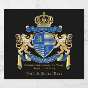 Create Your Own Coat of Arms Blue Gold Lion Emblem Beer Bottle Label