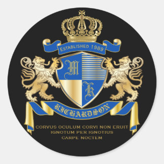 Create Your Own Coat of Arms Blue Gold Lion Emblem Classic Round Sticker