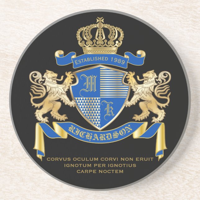 Create Your Own Coat of Arms Blue Gold Lion Emblem Coaster (Front)