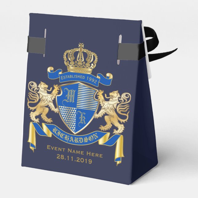 Create Your Own Coat of Arms Blue Gold Lion Emblem Favour Box (Back Side)
