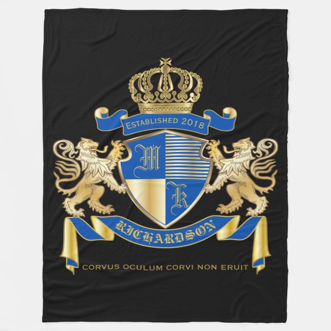 Create Your Own Coat of Arms Blue Gold Lion Emblem Fleece Blanket (Front)