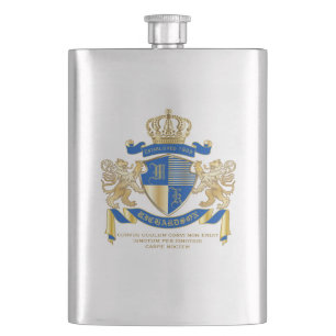 Create Your Own Coat of Arms Blue Gold Lion Emblem Hip Flask
