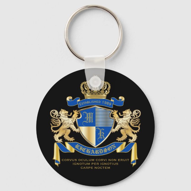 Create Your Own Coat of Arms Blue Gold Lion Emblem Key Ring (Front)