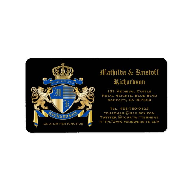 Create Your Own Coat of Arms Blue Gold Lion Emblem Label (Front)
