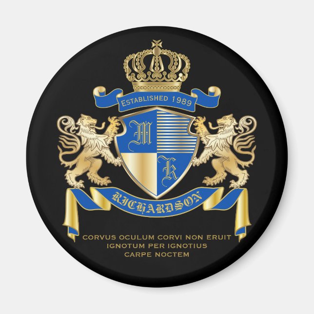 Create Your Own Coat of Arms Blue Gold Lion Emblem Magnet (Front)