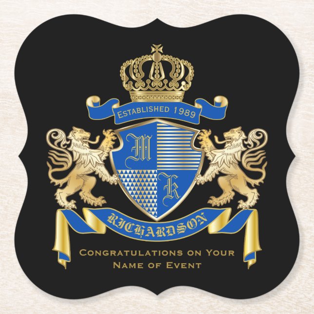 Create Your Own Coat of Arms Blue Gold Lion Emblem Paper Coaster (Front)