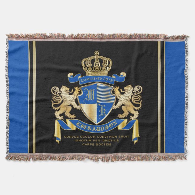 Create Your Own Coat of Arms Blue Gold Lion Emblem Throw Blanket (Front)