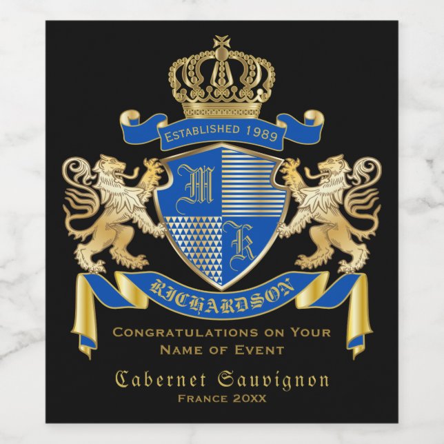 Create Your Own Coat of Arms Blue Gold Lion Emblem Wine Label (Single Label)