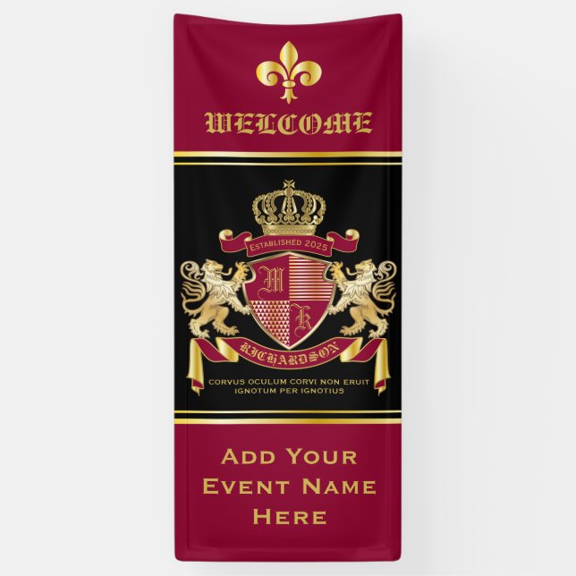 Create Your Own Coat of Arms Red Gold Lion Emblem Banner (Vertical)