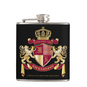 Create Your Own Coat of Arms Red Gold Lion Emblem Hip Flask