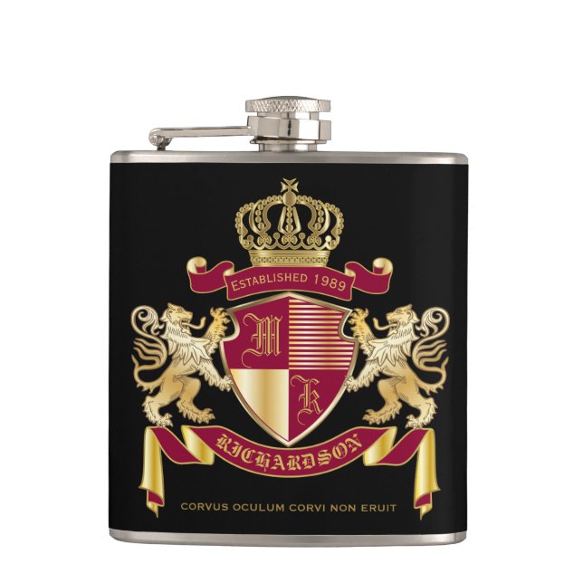 Create Your Own Coat of Arms Red Gold Lion Emblem Hip Flask (Front)
