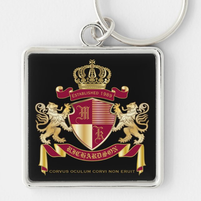 Create Your Own Coat of Arms Red Gold Lion Emblem Key Ring (Front)