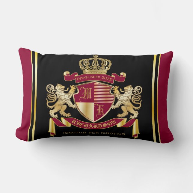 Create Your Own Coat of Arms Red Gold Lion Emblem Lumbar Cushion (Front)