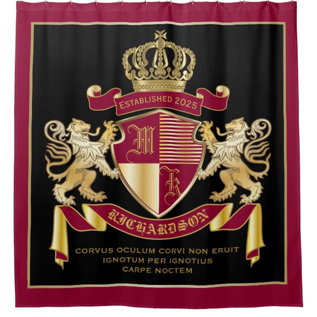 Create Your Own Coat of Arms Red Gold Lion Emblem Shower Curtain (Front)